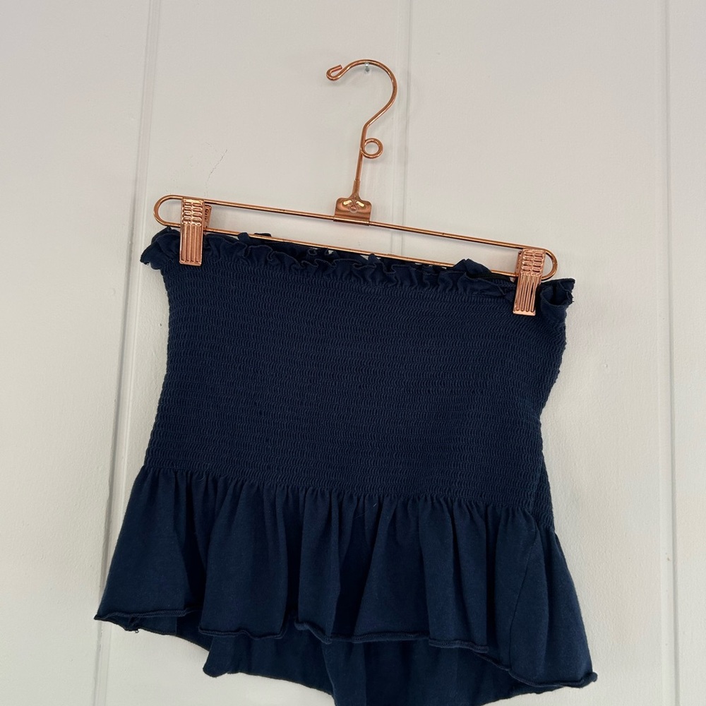 Navy Blue Smocked Ruffle Cropped Peplum Top
